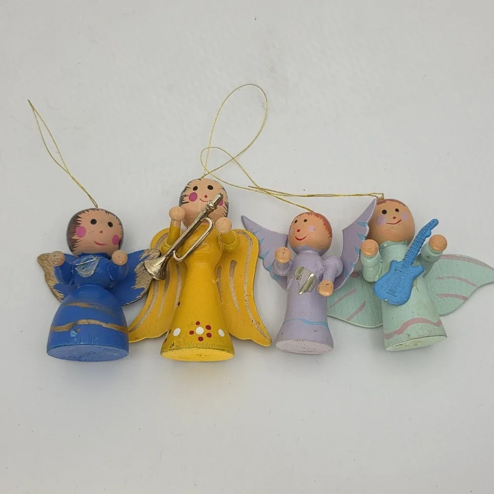 VTG Wood Angel Ornament Lot Hand Painted‎ Christmas Choir Missing Instruments